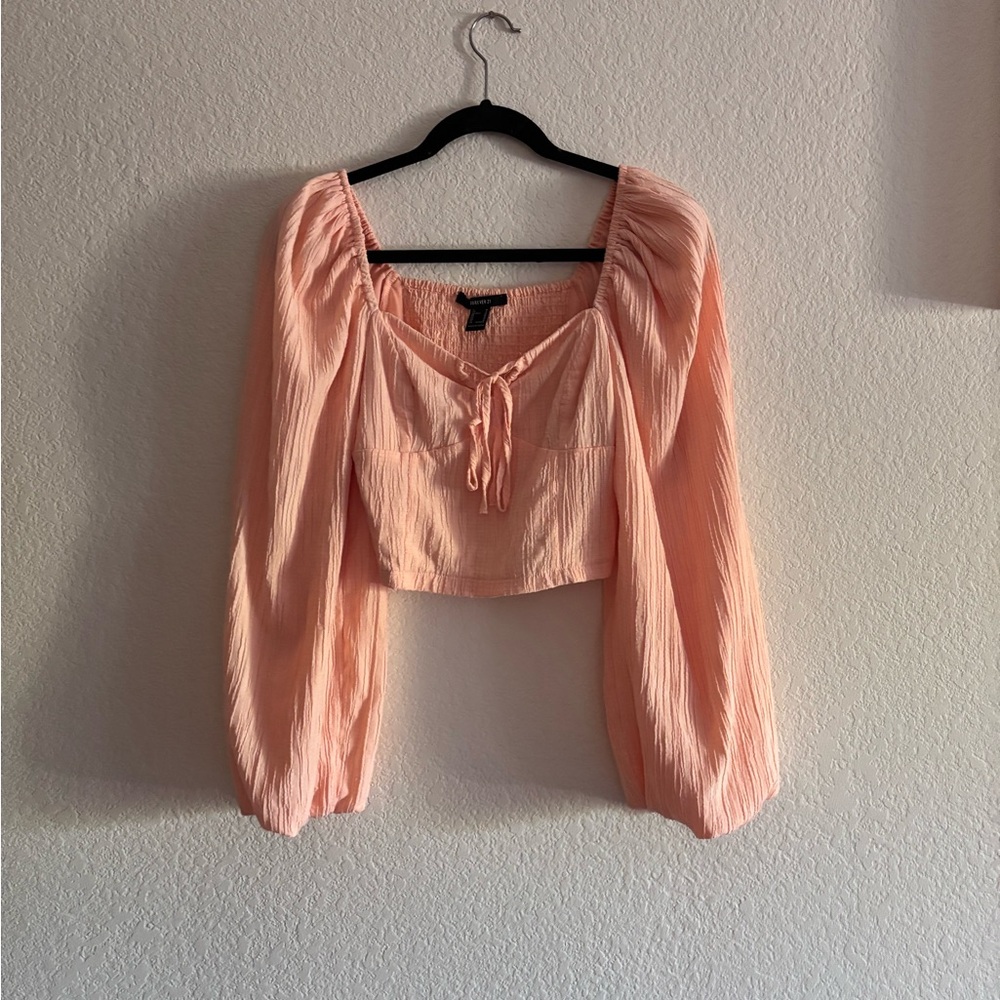 Forever 21 Orange and Pink Puff Sleeve Crop Blouse